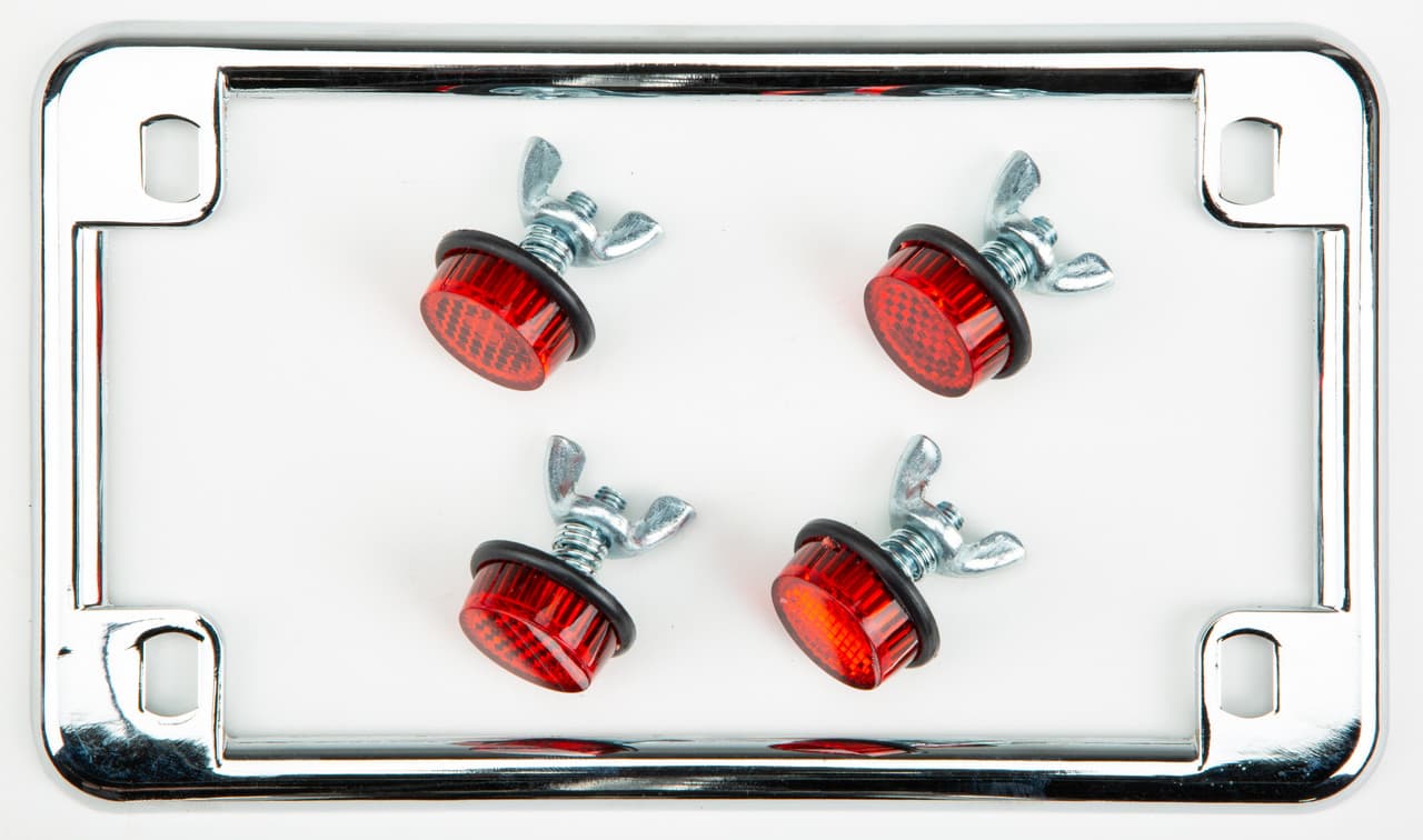 Chris Products License Plate Frame W/4 Red Reflectors Chrome