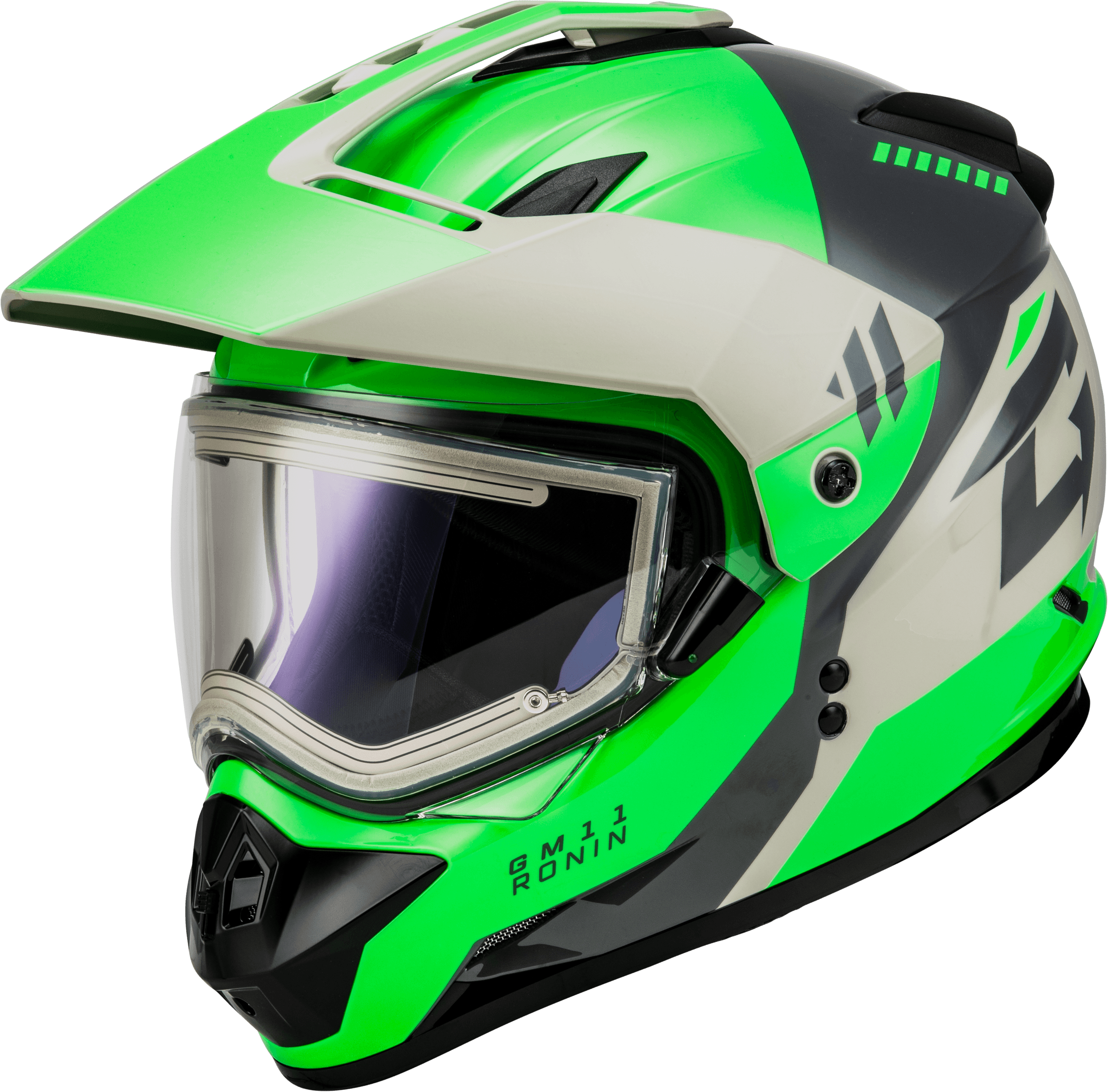 GM-11S RONIN SNOW HELMET W/ ELEC SHIELD GREEN/GREY LG