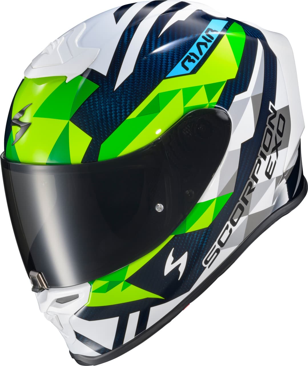 Scorpion Exo EXO-R1 Air Full Face Helmet Carbon Rastor White/Grn/Blue MD