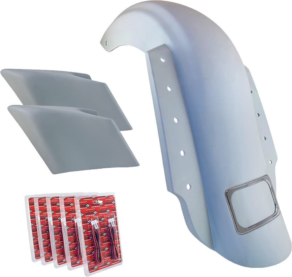 Baggernation 3-PIECE Fender Kit Dual Outlet Chrome License Frame/Stretched
