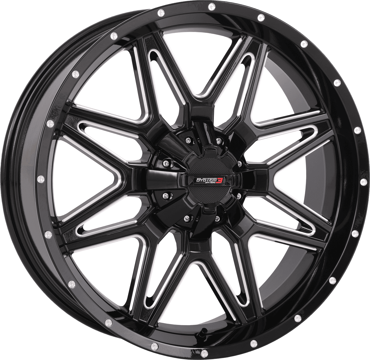 System 3 ST7 Wheel 20X7 4+3 (+10MM) 4/137 & 4/156 Gloss Black Milled