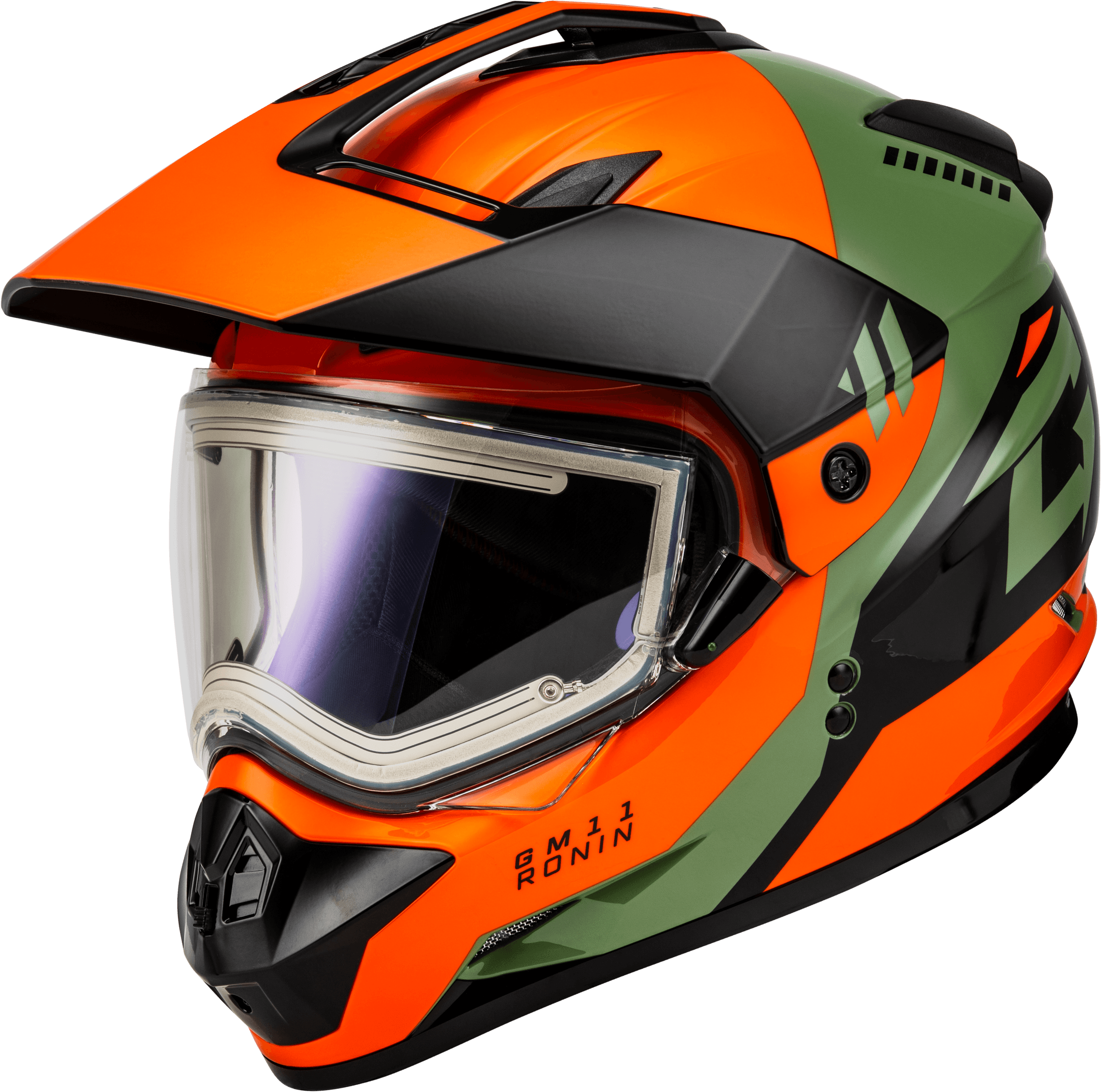 GM-11S RONIN SNOW HELMET W/ ELEC SHLD ORANGE/GREEN/BLACK X